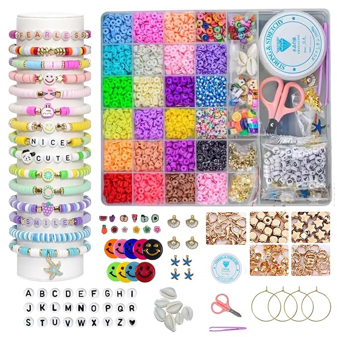BEADSHUB 6000 Pcs Clay Beads Bracelet Making Kit with Kodi Shell, Charms, Scissors & String Thread Jewelry Multi Flat Beading Combo Accessories For School Project Craft Work for Girls, Kids & Adults Gifts