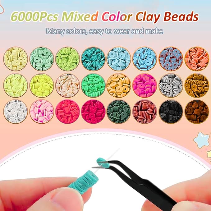 BEADSHUB 6000 Pcs Clay Beads Bracelet Making Kit with Kodi Shell, Charms, Scissors & String Thread Jewelry Multi Flat Beading Combo Accessories For School Project Craft Work for Girls, Kids & Adults Gifts